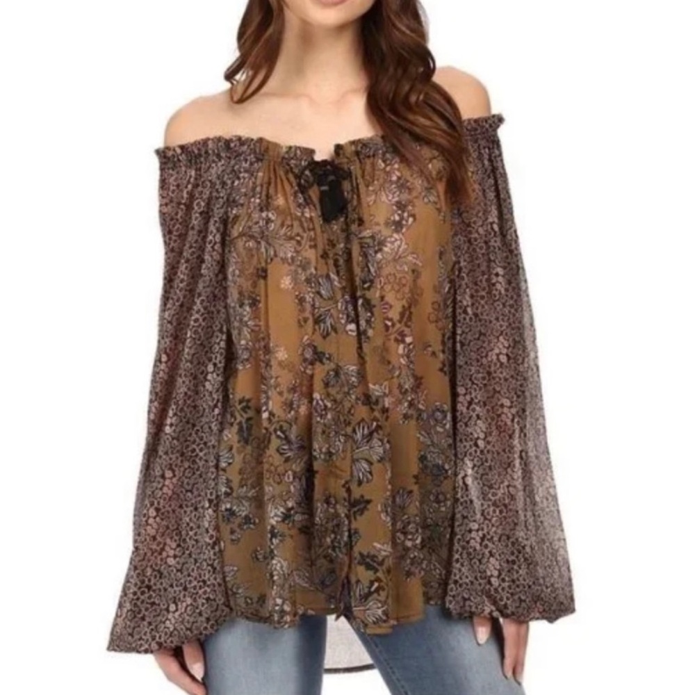 Free People Hendrix Floral Boho Sheer Peasant Blouse medium off shoulder Hippie
